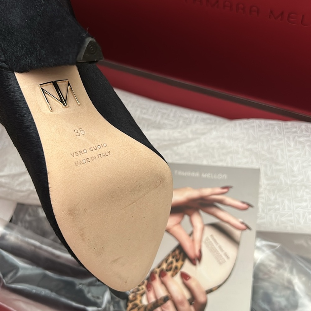 Tamara Mellon Sleek Kindred High HairCalf Navy Kitten Heeled Boots 5 (35) NIB - Picture 8 of 15